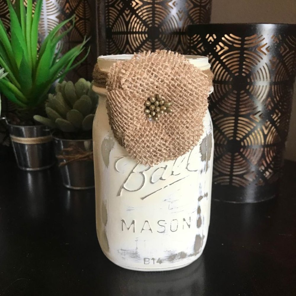 New Handmade Shabby Chic Distressed Cream Mason Jar with Burlap Accent (5” tall)